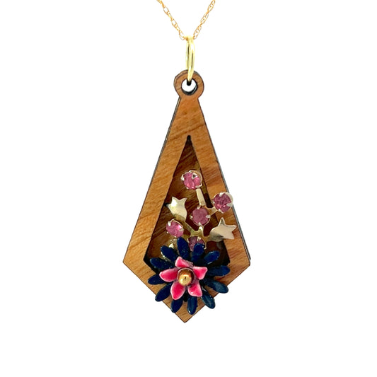 Vintage Enameled Navy, Pink and Gold Floral Pendant Necklace