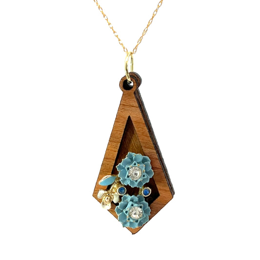 Vintage Enameled Blue, White and Gold Floral Pendant Necklace