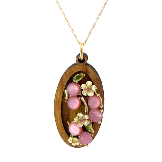 Vintage Enameled Pink, Cream and Gold Floral Pendant Necklace