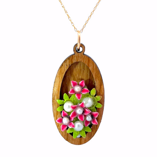 Vintage Enameled Pink, Green and Pearl Floral Pendant Necklace