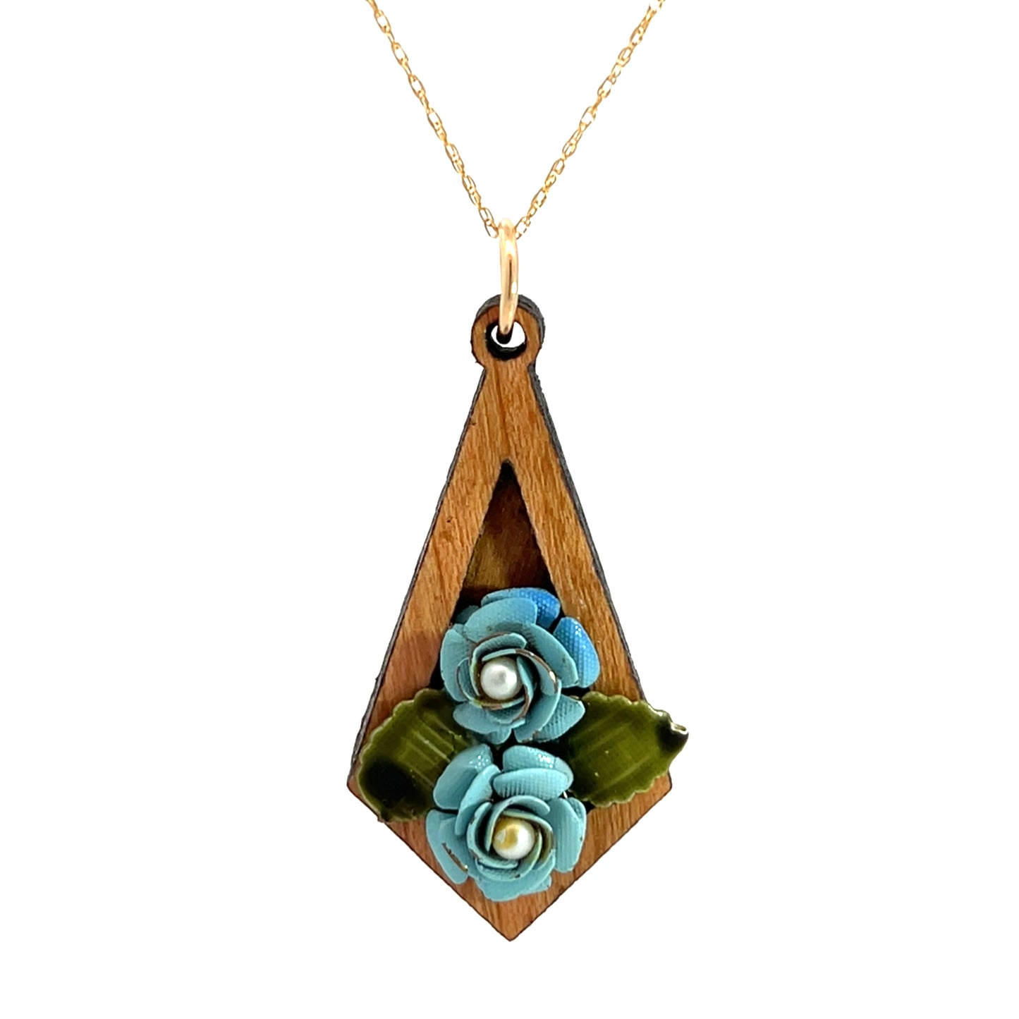 Vintage Enameled Blue, Green and Pearl Floral Pendant Necklace