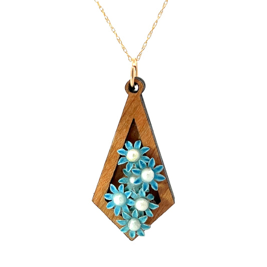 Vintage Enameled Blue and Pearl Floral Pendant Necklace
