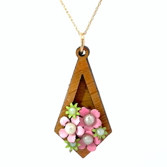 Vintage Enameled Pink, Green and Pearl Floral Pendant Necklace
