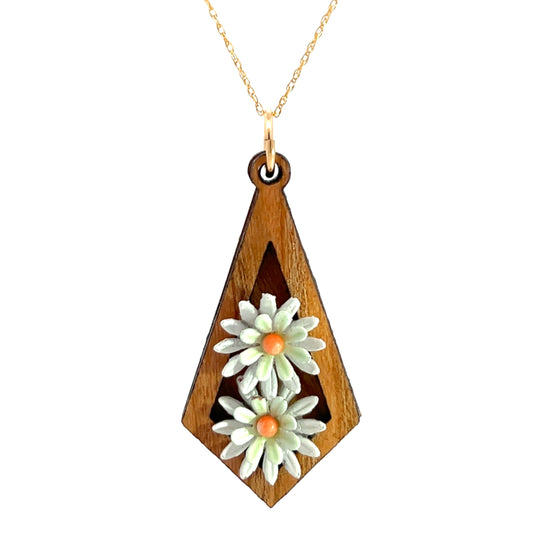 Vintage Enameled White, Pale Green and Orange Floral Pendant Necklace